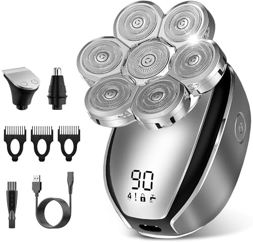 Rasoio elettrico per uomini calvi, rasoio elettrico per uomini calvi, rasoi impermeabili, kit per la toelettatura 3 in 1, rasoio rotante ricaricabile 7D con display a LED