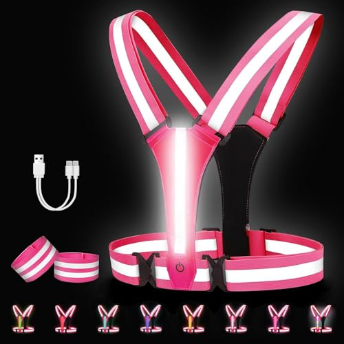 Adiwo Gilet Réfléchissant Running, LED Sécurité Rechargeable USB, Gilet Vélo Réfléchissants Haute Visibilité, Taille Réglable avec 2 Bracelets Réfléchissants, 8 Modes d'Éclairage pour Vélo, Moto, Rose
