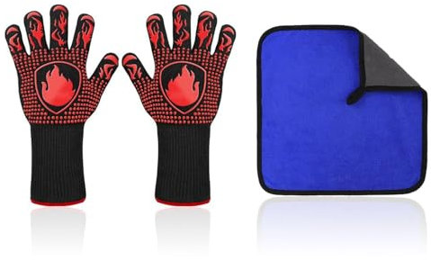 YSJCHEBS 1 Paio di Guanti da Forno, 1 Straccio, Guanti da Forno in Silicone Antiscivolo, Guanti Protettivi Resistenti alle Alte Temperature E al Calore, Guanti da Cucina per L'Orto