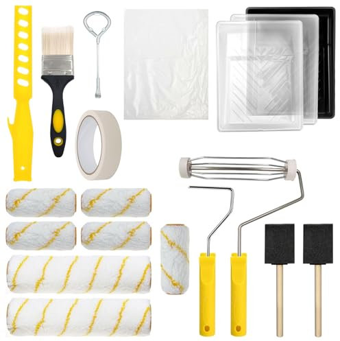 19 Piezas Rodillo Pintura Juego, Plástico de Ingeniería + Material de Poliéster, con 9 Pulgadas y 4 Pulgadas Rodillo Pintura Pared, la Decoración Interior y Exterior de la Casa (Blanco + Amarillo)