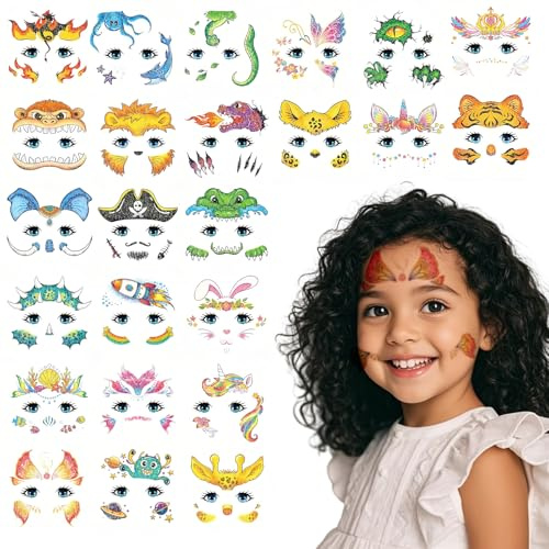 Tiere Gesicht Tattoos für Kinder,24 Sheets Temporäre süße Tiergesichtsfarbe Make-up Tattoo Aufkleber, für Mädchen Jungen Geburtstagsdekorationen Tiere Party,Kinderspielzeug