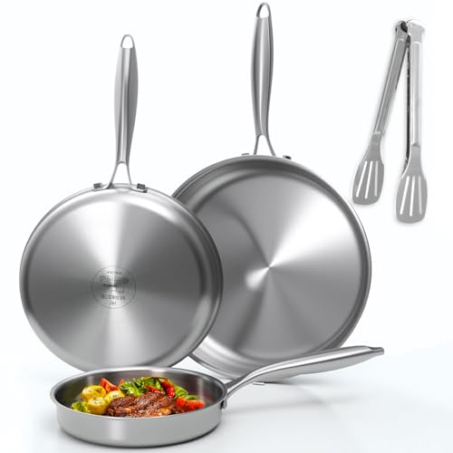 YeKuKing Tri-ply Stainless Steel Frying Pan Set 8 10 12 Large Skillet for Chef's Cookware Set, Induction Oven Dishwasher Safe, Compatible with All Cooktops with Kitchen Tongs(Detachable Handle)
