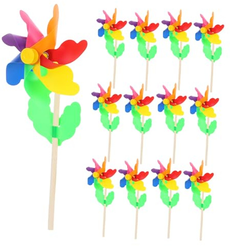 TOYANDONA 12pièces Moulins à Vent Garçon Fille Arc-Ciel Jouets De Jardin Décoratifs Bâtons Bois Colorés pour Extérieur Fête Et Activités Familiales
