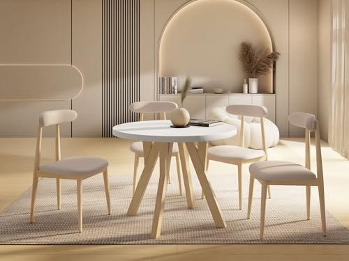 WFL GROUP Runder Ausziehbarer Esstisch im Loft-Stil – Industrieller Tisch mit Holzbeinen – Platzsparender Tisch für Wohnzimmer – Weiß – 80 bis 160 cm