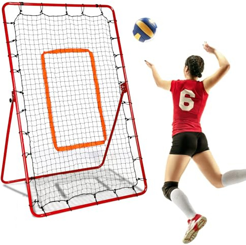 Diegimr Volleyball Rebounder Net, 6x3.6ft Adjustable Football Bounce Back Net with L-Shaped Bracket & U-shaped Stakes Batting Training Rebound Equipment for Lacrosse Baseball Soccer Practice (Red)