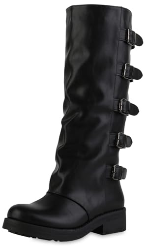 VAN HILL Damen Bikerstiefel Blockabsatz Schnallen Trendy Schuhe 217688 Schwarz 38