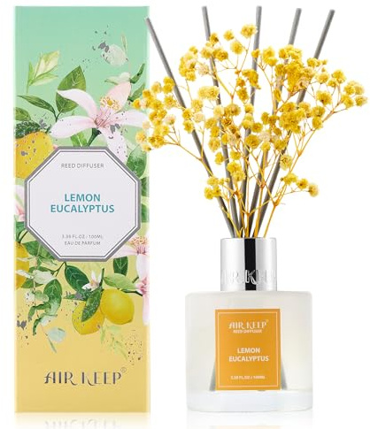 Airkeep Raumduft mit 8 Duftstäbchen 100ml, Lemon Eucalyptus Langanhaltender Lufterfrischer, Natürlicher Duft, Deko für Badezimmer, Schlafzimmer, Wohnzimmer & Büro