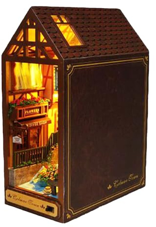 Book Nook Bausatz, Holz 3D Schreibtisch Puzzle Dekoration, LED Beleuchtetes Lernspielzeug Haus Modell Für Lesezimmer Kinder Erwachsene Weihnachten Halloween