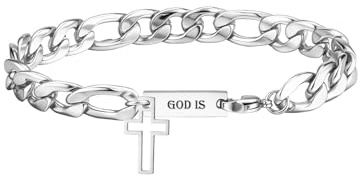 PiercingJak Kreuz Armband Herren Armkette mit Gravur Silber Edelstahl Kettenarmband für Männer Panzerkette Kubanische Figaro Armbänder Charms Schmuck Personaliserte Geschenke für Papa Sohn Bruder
