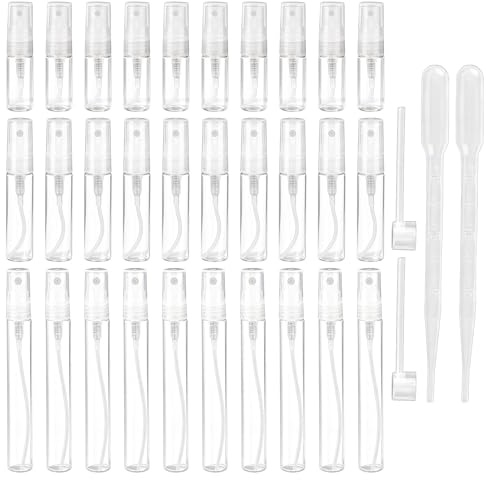 30 Stück Parfümzerstäuber 3ml/5ml/10ml, Mini Parfüm Zerstäuber Nachfüllbar, Portable Sprühflasche Klein, Transparent Glas Leere Parfümflaschen für Parfüm, Kosmetik, Reisen (mit 2 Tropfer, 2 Pipetten)