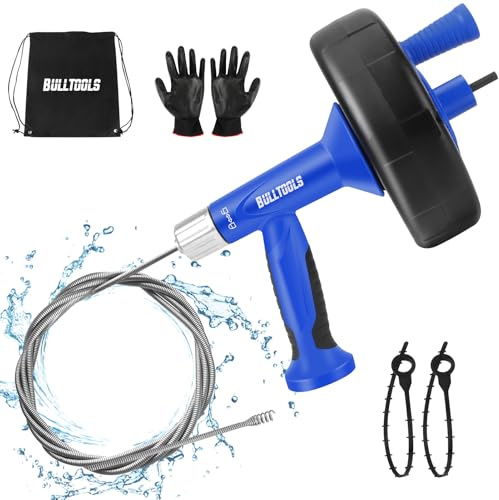 BULLTOOLS Drain Auger, 25FT Drain Clog Remover with Drill Adapter, Flexible Snake Drain Hair Removal Tool for Kitchen Sink, Bathtub, and Shower Comes with Gloves and Storage Bag