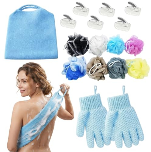 Rückenschrubber Und Exfoliating Gloves, 13-Teiliges Badeset Mit Peelinghandschuhen, Peeling Schwamm Und Haken, Ideal Für Tiefgründige Hautreinigung, Dusche Und Körperpeeling