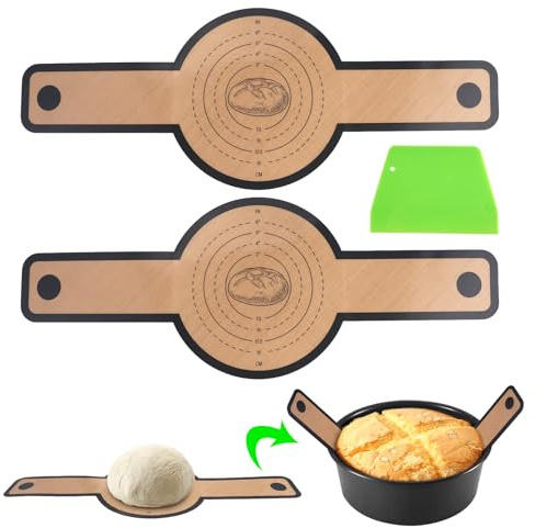 2 stycken bakmattor i silikon för holländsk ugn, återanvändbar bakmatta med långa handtag, non-stick brödmatta, brödmatta, rund brödslinga med degskärare, för brödgryta, ugn, deg