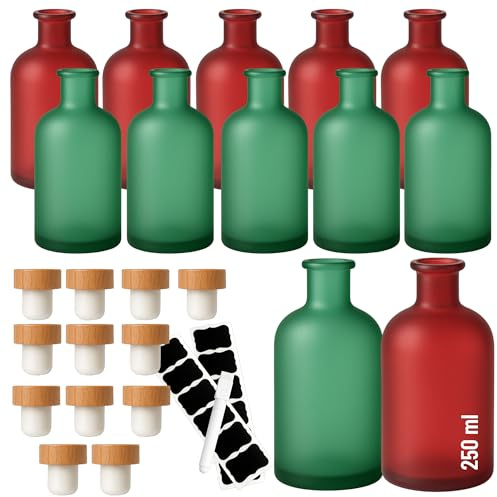 gouveo 12er Set Glasflaschen 250 ml (0,25 l) Apothekerflasche 250 ml rund Korken-Verschluss mit Holzgriff, mattes Farbglas grün & rot, runde Leerflaschen zum Befüllen & Dekorieren (AFR250GRMHGK)