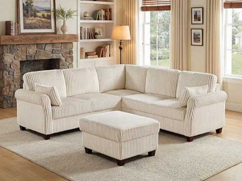 Arcrinte 90.6 L-Shaped Modular Sectional Sofa with Storage Ottoman, 6-Seat Corduroy Corner Couch with Deep Seat, Oversized Upholstered Sectional for Living Room, Bedroom, Apartment
