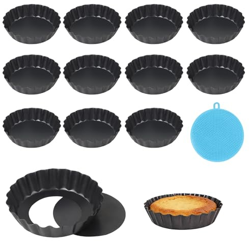 Ztowoto 12 Pièces 8cm Plat a Tarte Avec Fond Amovible,Revêtement Antiadhésif Petit Moule a Tarte Avec Base Amovible,Ensemble Rond Moule Mini Quiche Pour Gâteaux,Muffins,Pizzas,Cupcakes(3.1Pouces-Noir)