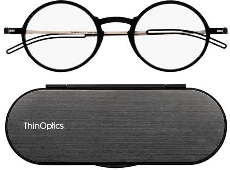 ThinOptics Reading Glasses 1.5, Black Frame, Milano Case, for Men and Women
