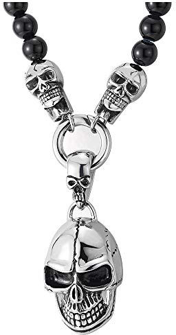 COOLSTEELANDBEYOND Biker Herren Damen Schwarz Onyx Perlen Kette Halskette mit Edelstahl Vintage Schädel