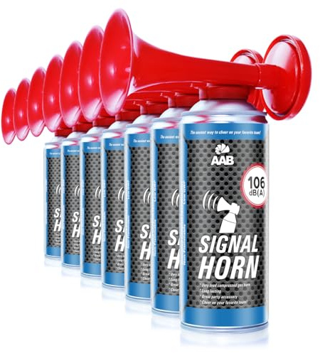 AAB Signal Horn - Set di 7 Pezzi - Trombetta da Stadio ad Aria Compressa, Fino a 120 Segnali Brevi, Segnalatore Acustico Molto Rumorosa, Trombe Stadio per Feste, Trombette da Stadio, Gas Trombetta