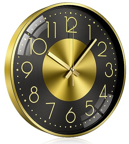 TOKTEKK Wall Clock 12 Inch Silent Non Ticking Clock Battery Operated Round Modern Decorative Arabic Numeral Aluminium Wall Clocks for Living Room Bedroom Kitchen Office(Black Gold Number)