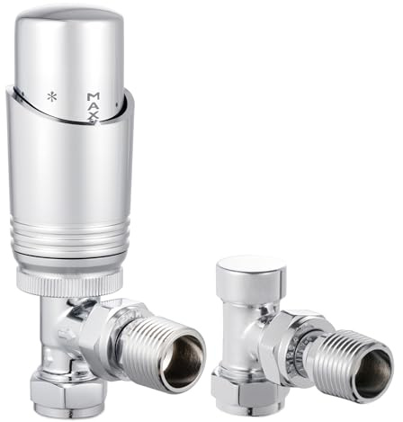 VANCOCO Chrome Angled Thermostatic Radiator Valve Set 1/2×15mm | TRV with Lockshield, H62 Brass, Energy Saving Design
