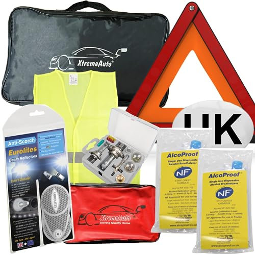 Xtremeauto European Driving Kit 2025 - European Car Travel Kit For France, Including Headlight Headlamp Beam Deflectors For Europe, Warning Triangle, Breathalysers & More, Driving In France Kit 2025