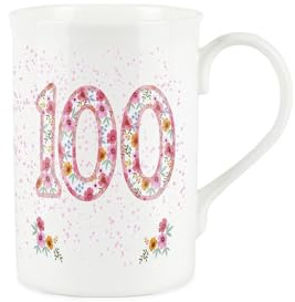 Purely Home Pink Floral Ages Mug - 100th Birthday Gifts for Her - Bone China Coffee/Tea Mug