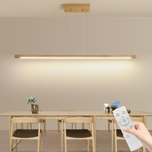 Mikeru 100cm Lineare Pendelleuchte, LED Esstischlampe Höhenverstellbar 3000K/4500K/6500K Moderne Holz Licht Dimmbare 10%-100% Esszimmer Lampe Hängend für Wohnzimmer, Schlafzimmer