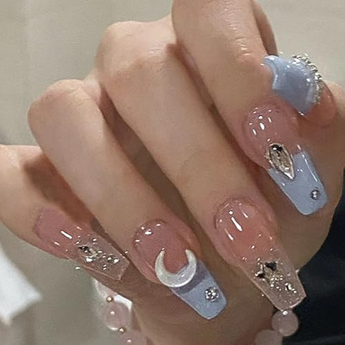 24Pcs Press on Nails Long Coffin, Blue French Tip False Nails Nude Pink Acrylic Full Cover Fake Nails with Star Moon Patterns, Glossy Ballerina Stick on Nail for Women and Girls Nail Art Decorations