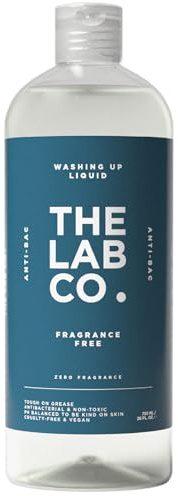 The Lab Co. Antibacterial Washing Up Dishwashing Liquid | Tough on Grease Dish Soap | Gentle on Hands | Non-Toxic, EDC-Free, Plant-Based Formula | 750ml | Fragrance Free | Enscented for sensitive skin