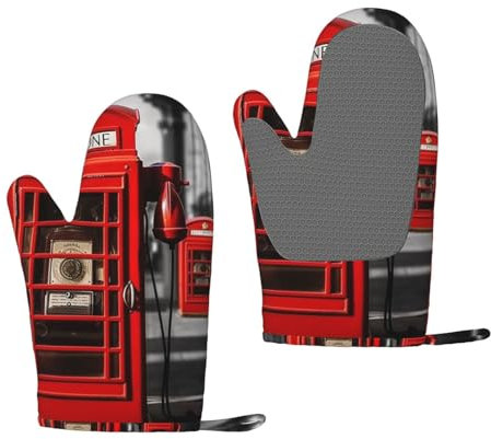 Silicone Oven Mitts Set of 2 England UK Retro London Telephone Oven Gloves for Women Men Heat Resistant Grill Gloves Waterproof Non-Slip BBQ Gloves for Kitchen Cooking