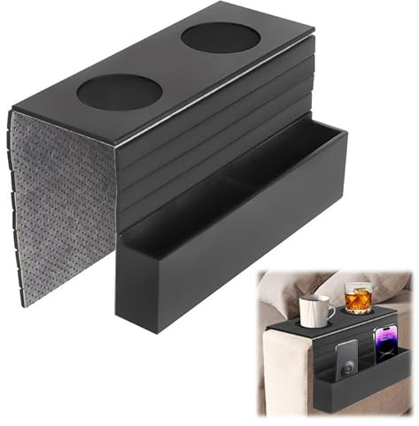TOWEBOORY Sofatablett Armlehne Flexibel, Holz Sofa Armlehne Tablett mit 2 Getränkehalter und Fächern Tablett für Sofa Folding Sofa Armlehne Tablett Clip auf Breiten Couches für Essen, Snacks, Remote