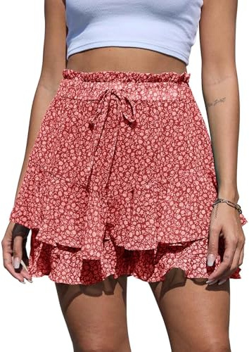Yutdeng Pantalones Cortos Mujer Fluidos de Gasa Estampado Floral - Shorts Verano Elástica Cintura Alta Ligero Elegantes Casual Bermudas Playa Boho Volante