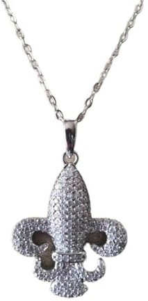 Collier Pendentif Fleur de Lys en Métal Argenté avec Cristaux, Chaîne Incluse