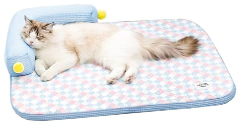 Zabplox Cooling Cat Bed with Pillow – L-Shaped Sofa Design, Breathable Summer Mat for Kittens & Cats, Machine-Washable Cushion Calming Bed for Persian, Siamese, Small Pets (Blue, 21x15x4)