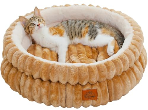 PAWZ Road Katzenbett waschbar, Hundebett kleine Hunde, Rundes, Flauschiges Katzenkissen, Katzenschlafplatz-Bettchen, Katzenkorb, Braun, 51x51x20cm