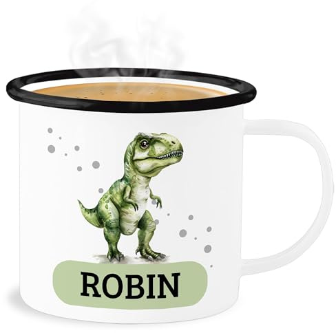 Emaille Becher Blechbecher - Dino mit Name personalisiert I T Rex Geschenk Dinosaurier I Dinogeschenk - 300 ml - Weiß Schwarz - tasse tier kinder tieren saurier dinosaur personalisierte dinosaurs