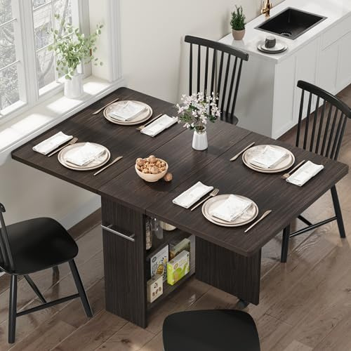 Litake Klappbarer Esstisch,Mit Griff Platzsparende Bauernhaus Esstisch für 4 Aufbewahrungsregal, 6 Räder Multipose erweiterbarer Küche Drop Blatttisch für kleinen Raum Dunkelbraun, 120x60x75cm