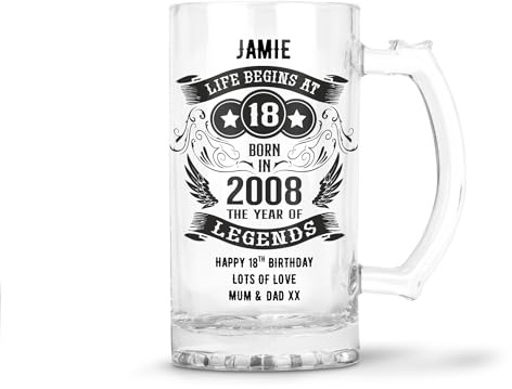 Personalised 18th Birthday Beer Glass Mug Tankard, 0.8 Pint, Life Begins at 18 Born in 2008 Year of Legends Design, Dishwasher Safe, Gift for Boys (Print with Handle on Right, No Gift Box)