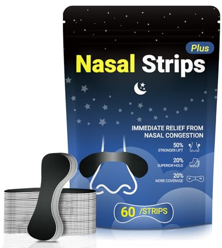 60 Pcs Nasal Strips for Snoring - Extra Strength Nose Strips for Breathing with Strong Adhesion - Sweat Resistant Design for All Day Use - Improves Sleep and Workout Performance - Black