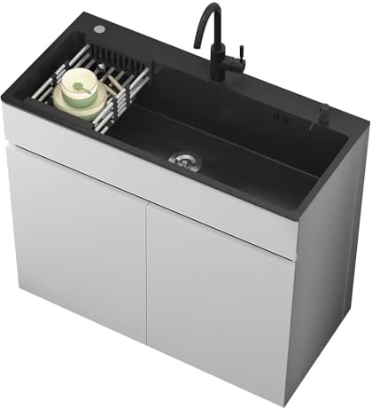 Fregadero de Cocina Moderno de Acero Inoxidable con Mueble, Fregadero de Grado Comercial con Grifo de Agua Caliente y Fría, Estante de Escurrido, para Lavandería y Uso en Exteriores