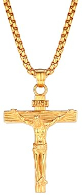 PROSTEEL Män personligt halsband krucifix korshänge med singaporekedja benediktusk kuss religiösa modesmycken för män pojkar rostfritt stål/18k guldpläterad/svart metall/jonplätering blå, Rostfritt
