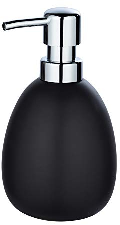 WENKO Seifenspender Polaris, nachfüllbarer Seifendosierer für Flüssigseife und Lotion aus hochwertiger Keramik, 10 x 16,5 x 9,4 cm, Füllmenge 390 ml, Schwarz matt, 16 x 9 x 9.5 cm