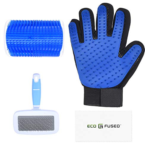 Eco-Fused Bürstenset für Katzen - 1x Katzen Massageecke, 1x blauer glatter Pinsel, 1 Tierpflegehandschuh (Rechte Hand) – Für langes und kurzes Fell - Pet Mitt, Wide Comb und Corner Groomer