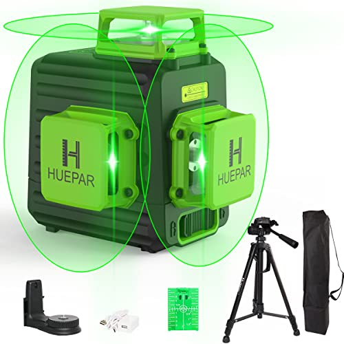 Huepar 3D Cross Line Self-Leveling Laser Level 3 x 360 Green Beam Three-Plane Leveling and Alignment Laser Tool, Li-ion Battery with Type-C Charging Port & 1.2M Tripod Included - B03CG-TP