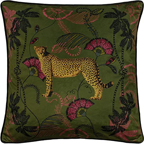 Paoletti Cheetah Velvet Cushion Cover – Majestic Jungle Design with Piped Edge (Khaki - 45 x 45cm)