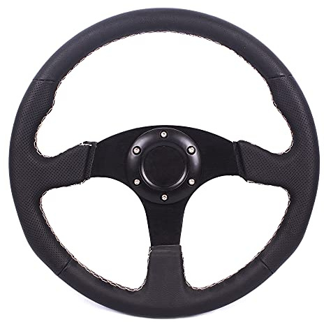 MODAUTO Volante Deportivo Universal, Volante Plano y Modelo Quqrq, Diámetro 350mm, Modelo G035, Negro y Costura Gris