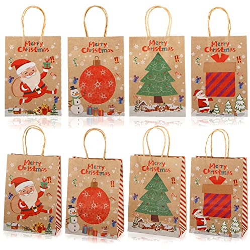 LIHAO 12 Stück Papiertüten Geschenktüten Weihnachten Kraftpapier Tüten Weihnachtstüten mit Griffe Papiertaschen Partytüten Mitgebsel Tüten für Weihnachten Geschenkverpackung