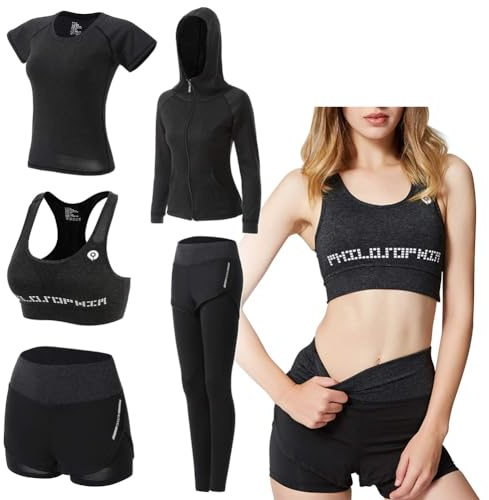 ODWTMRK Jogginganzug Damen Sport Sportbekleidung 5er-Set Trainingsanzug Yoga Kleidung Anzug Laufbekleidung Gym Fitness Kleidung (Schwarz-B, L)