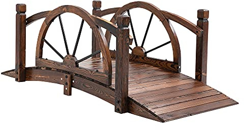Outsunny 1.5M Wooden Garden Bridge Decorative Arc Footbridge with Safety Guardrail Outdoor Lawn Pond Bridge Walkway Stained Wood